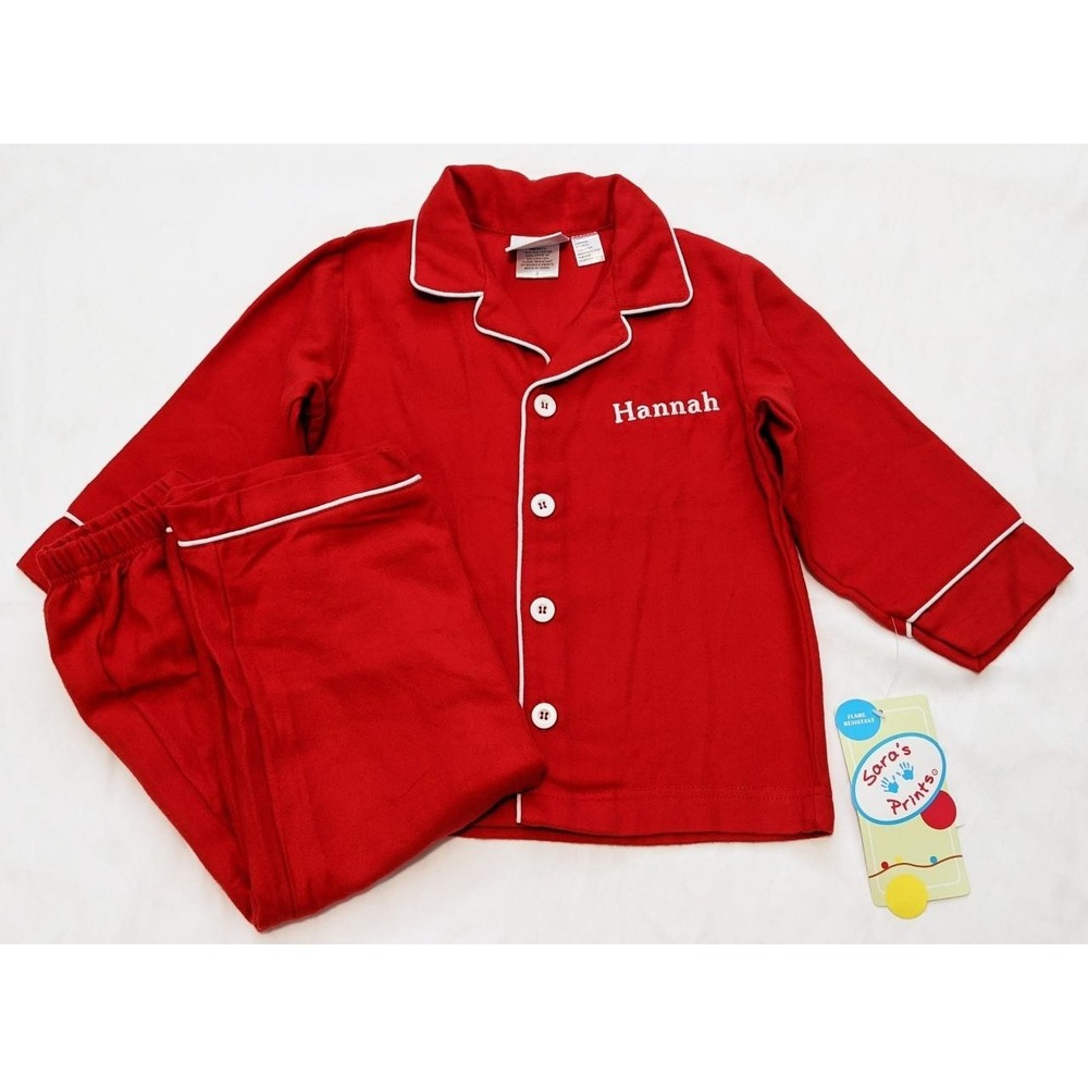 New Sara's Prints Girls Size 3 Personalized "Hannah" Red Flannel Pajamas Set